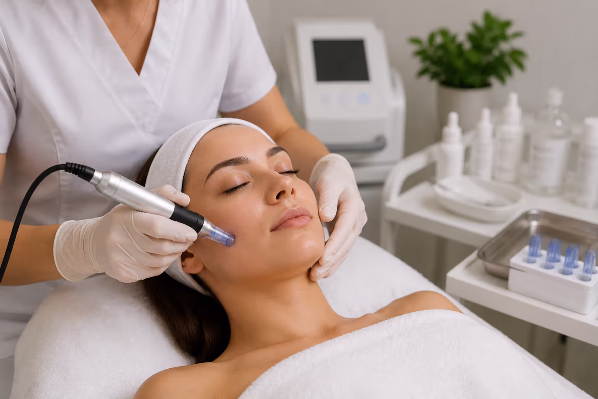 Professional microneedling treatment being performed on facial skin