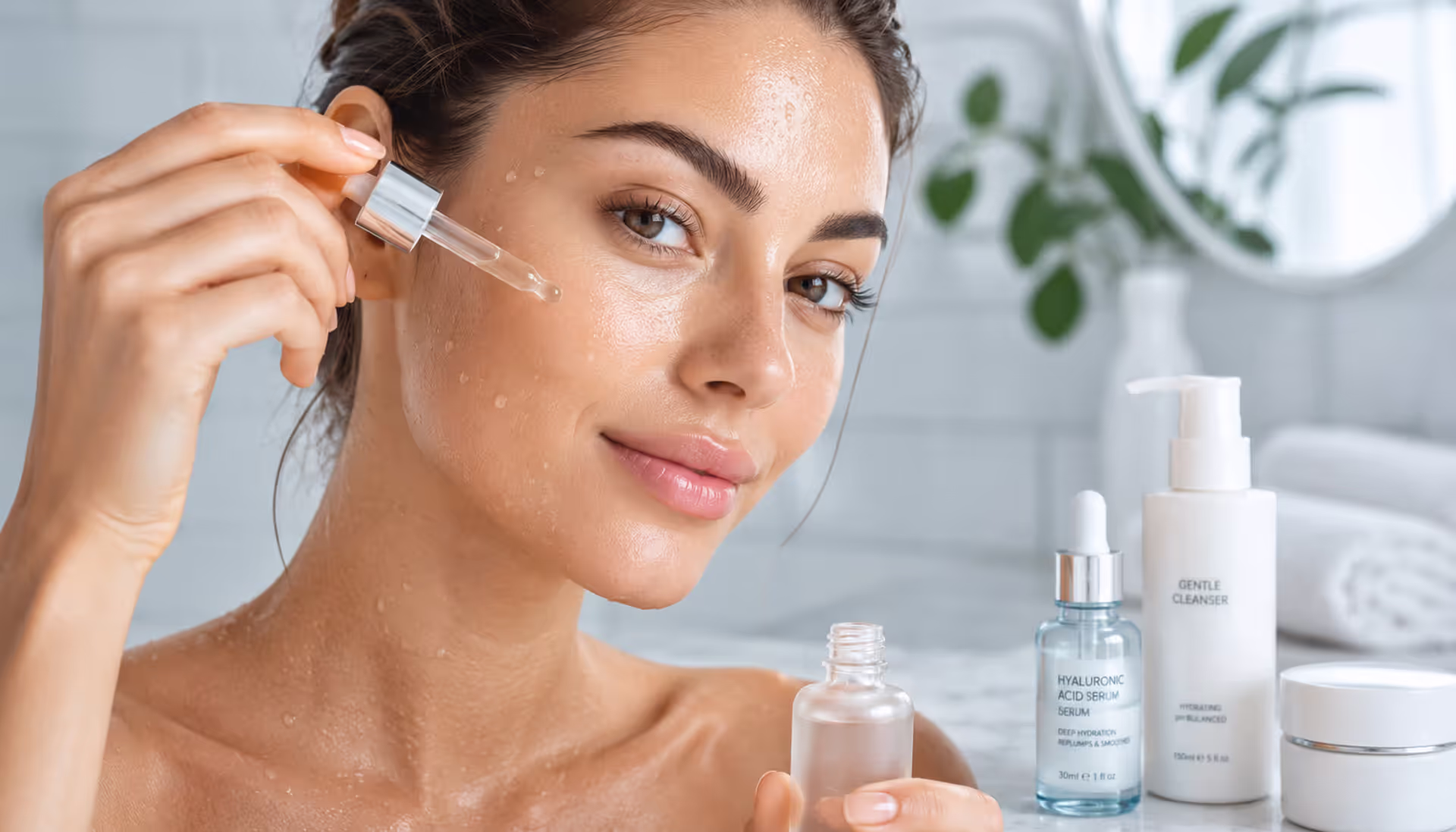 Woman applying hyaluronic acid serum to hydrated facial skin