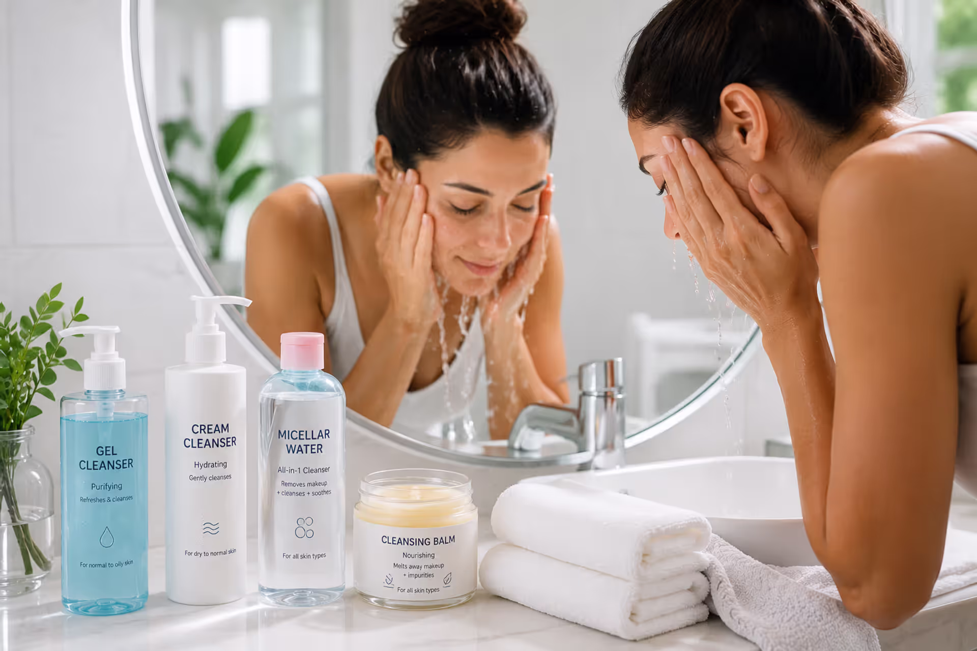 Person washing their face with skincare cleansers in a bright bathroom