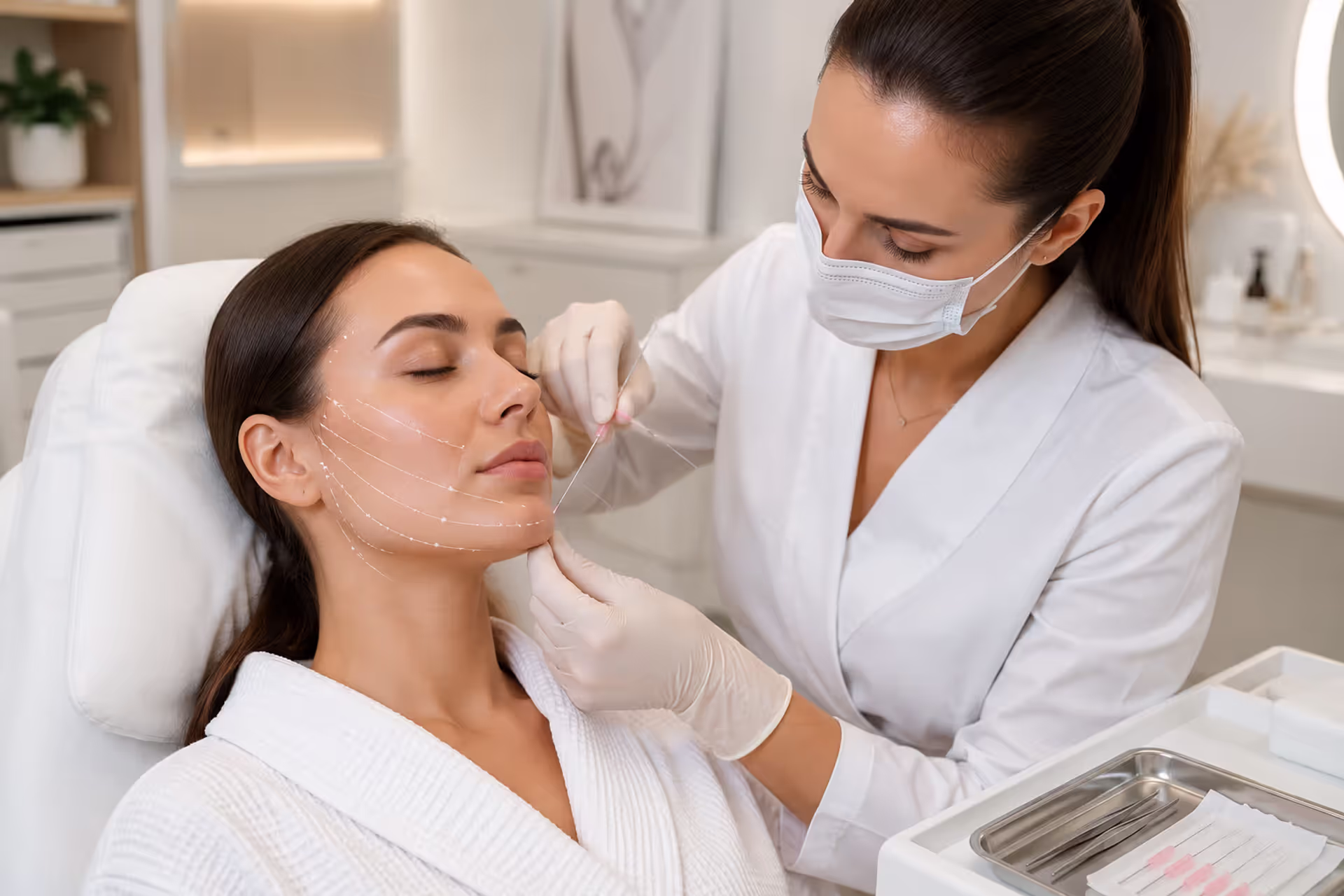 Practitioner performing a PDO thread lift procedure on a patient’s face