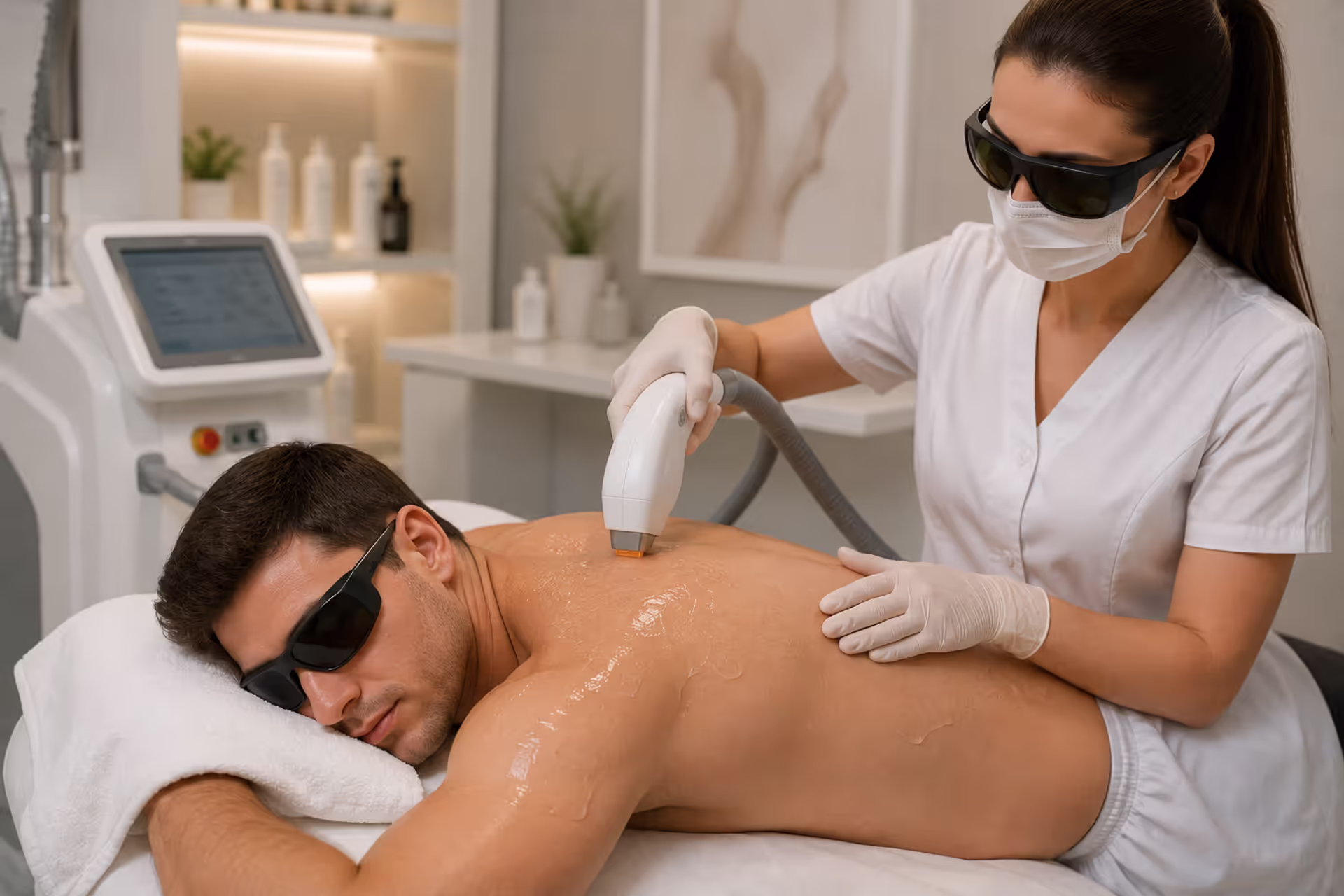 Male patient receiving laser hair removal treatment on the back and shoulders