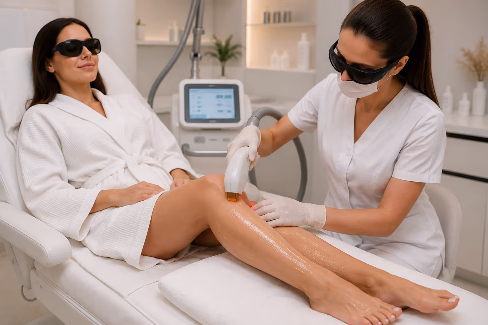Professional laser hair removal treatment being performed on a woman’s legs