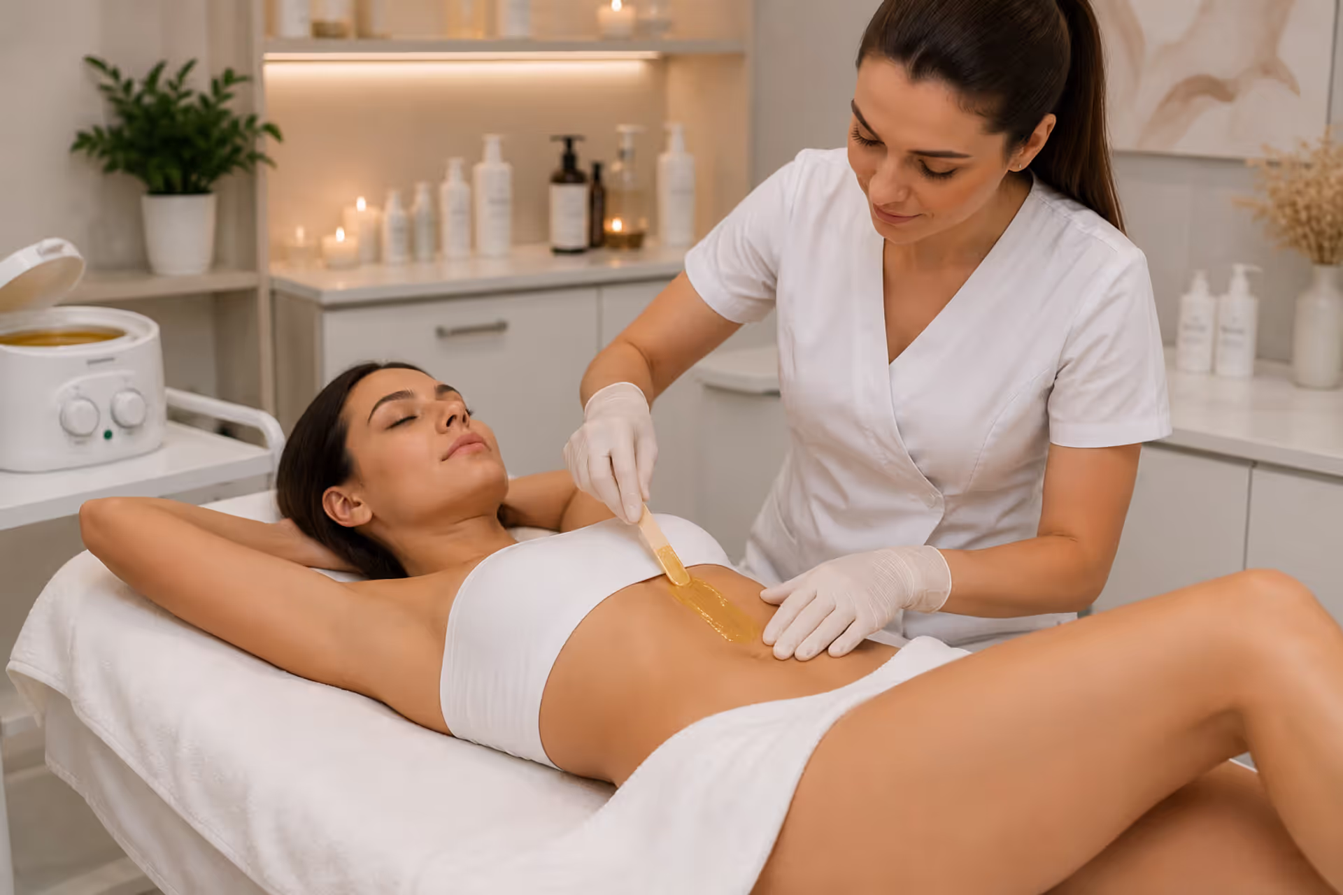 Professional bikini waxing treatment being performed in a beauty salon
