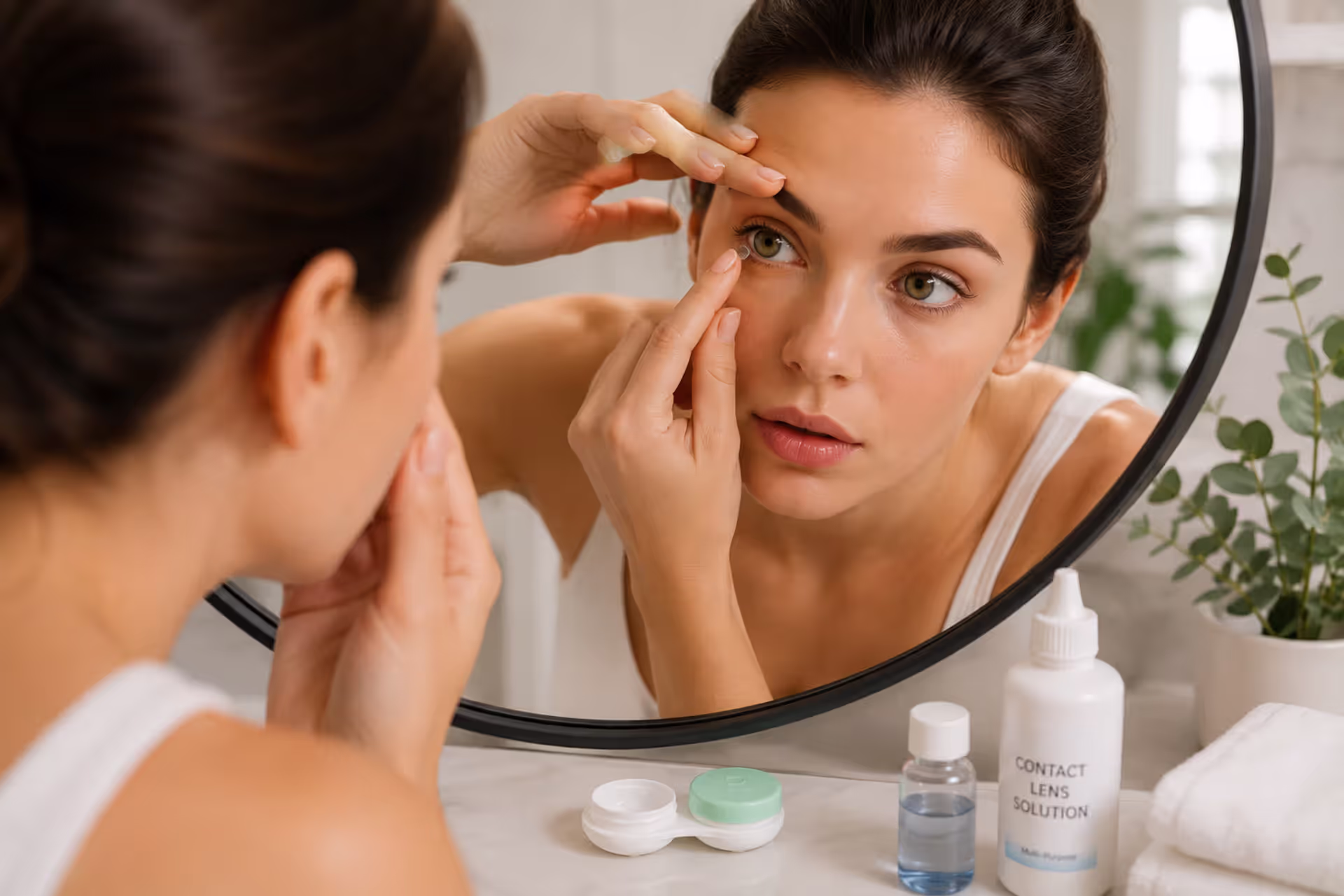 Woman inserting a natural-looking colored contact lens in front of a mirror