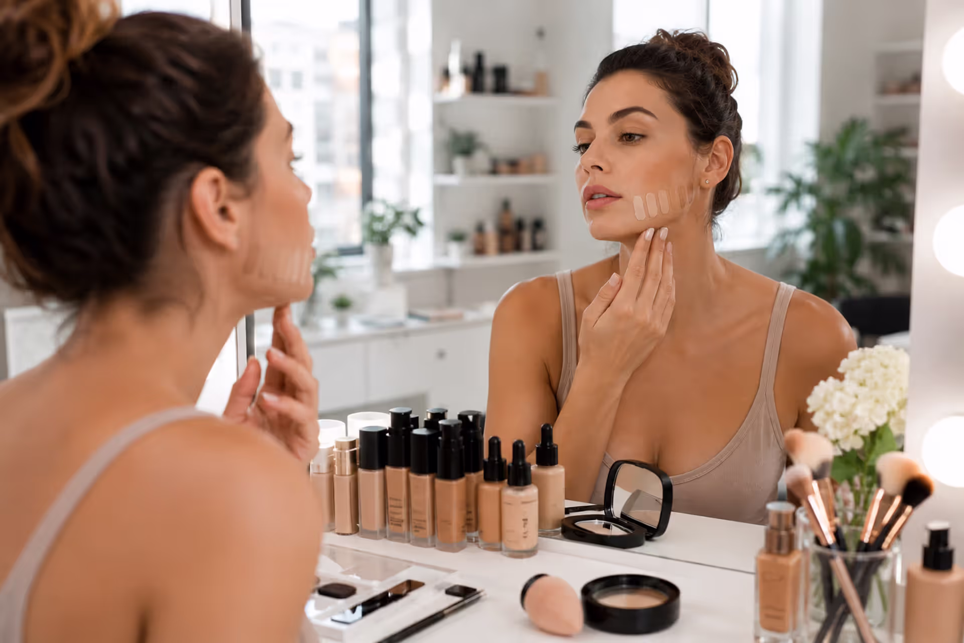 Woman testing foundation shades on her jawline in a makeup studio