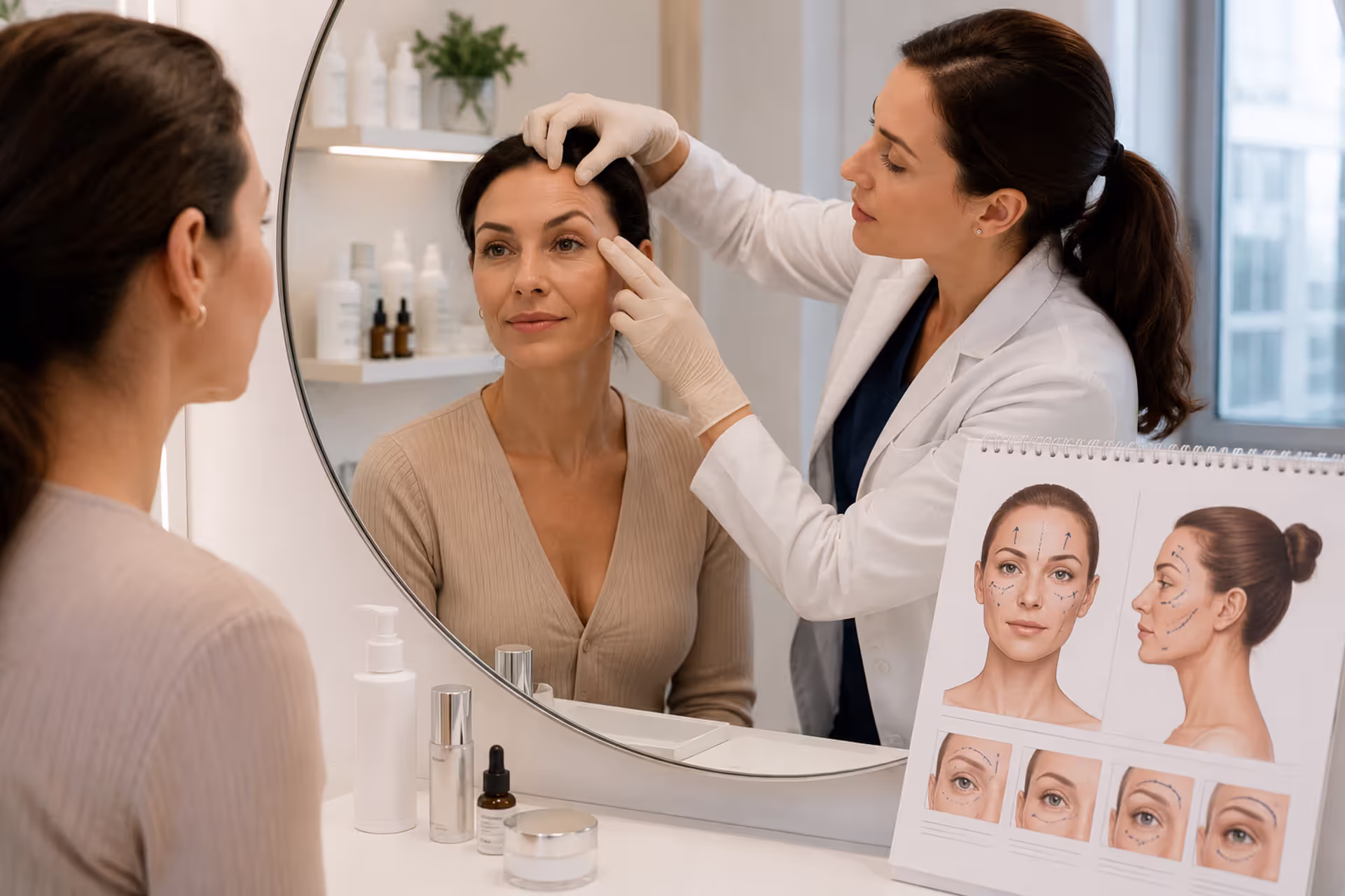 Plastic surgeon demonstrating brow lift results during a cosmetic consultation