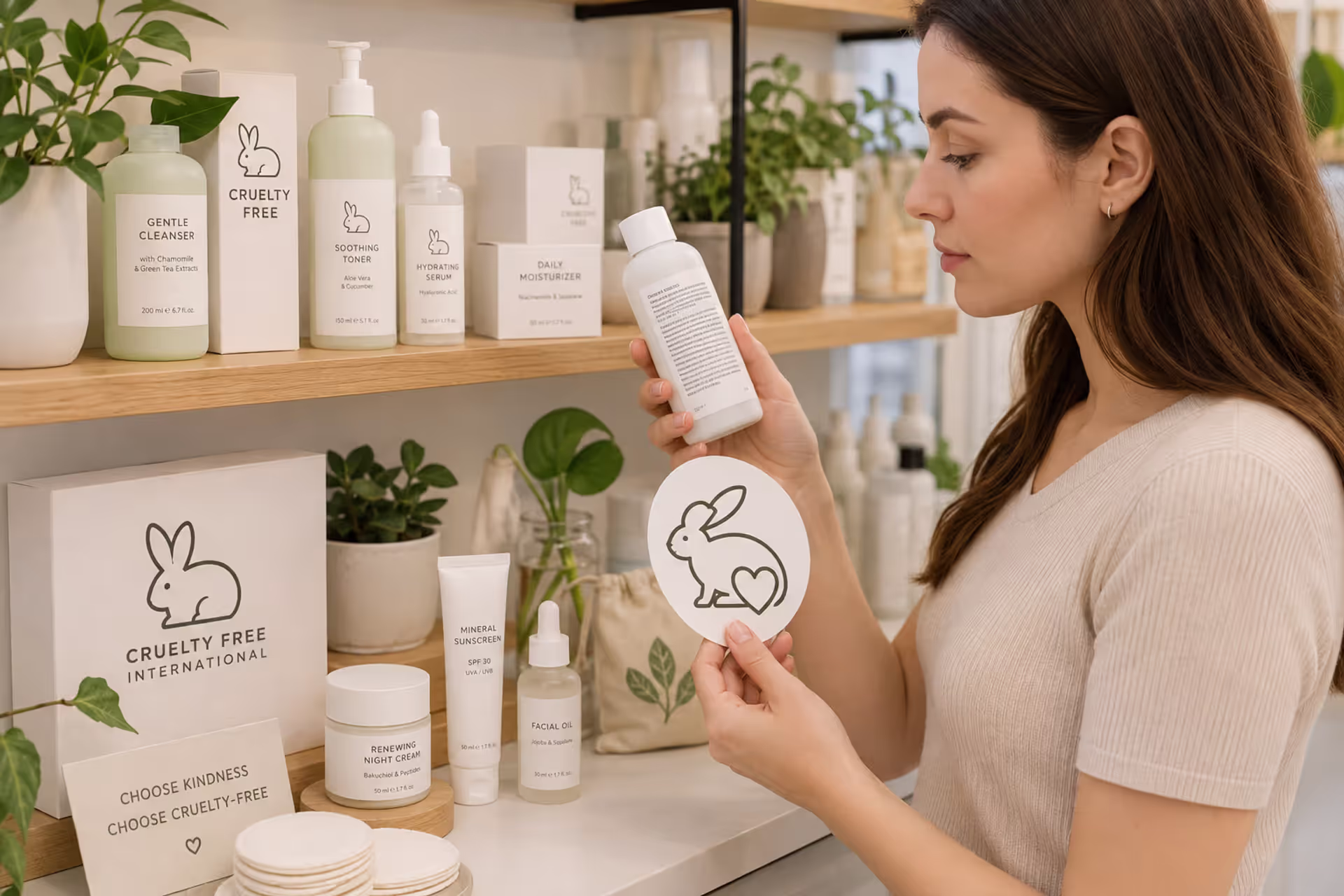Woman checking cruelty-free skincare products and certification labels