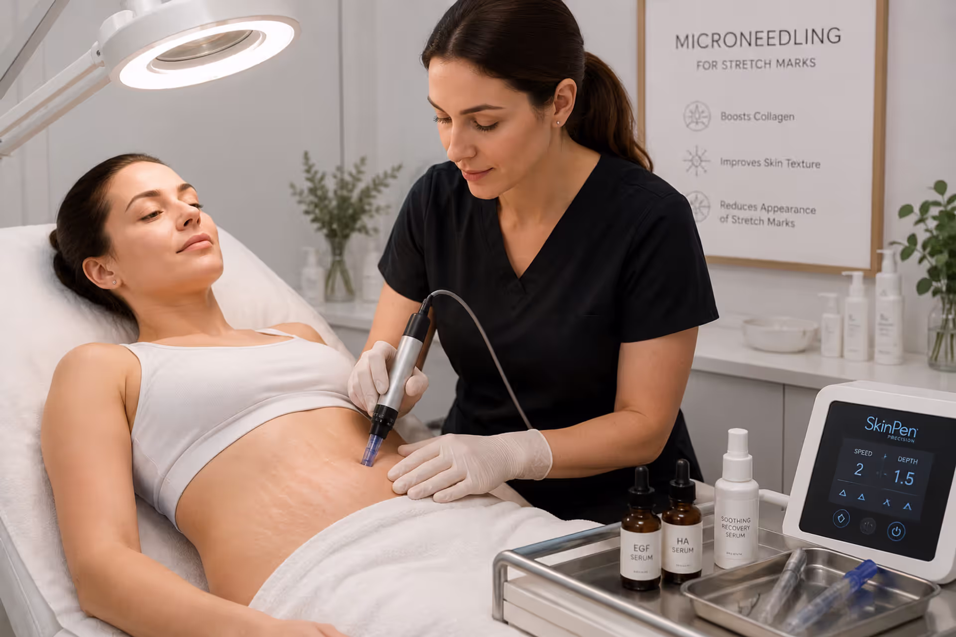 Professional microneedling treatment being performed on abdominal stretch marks