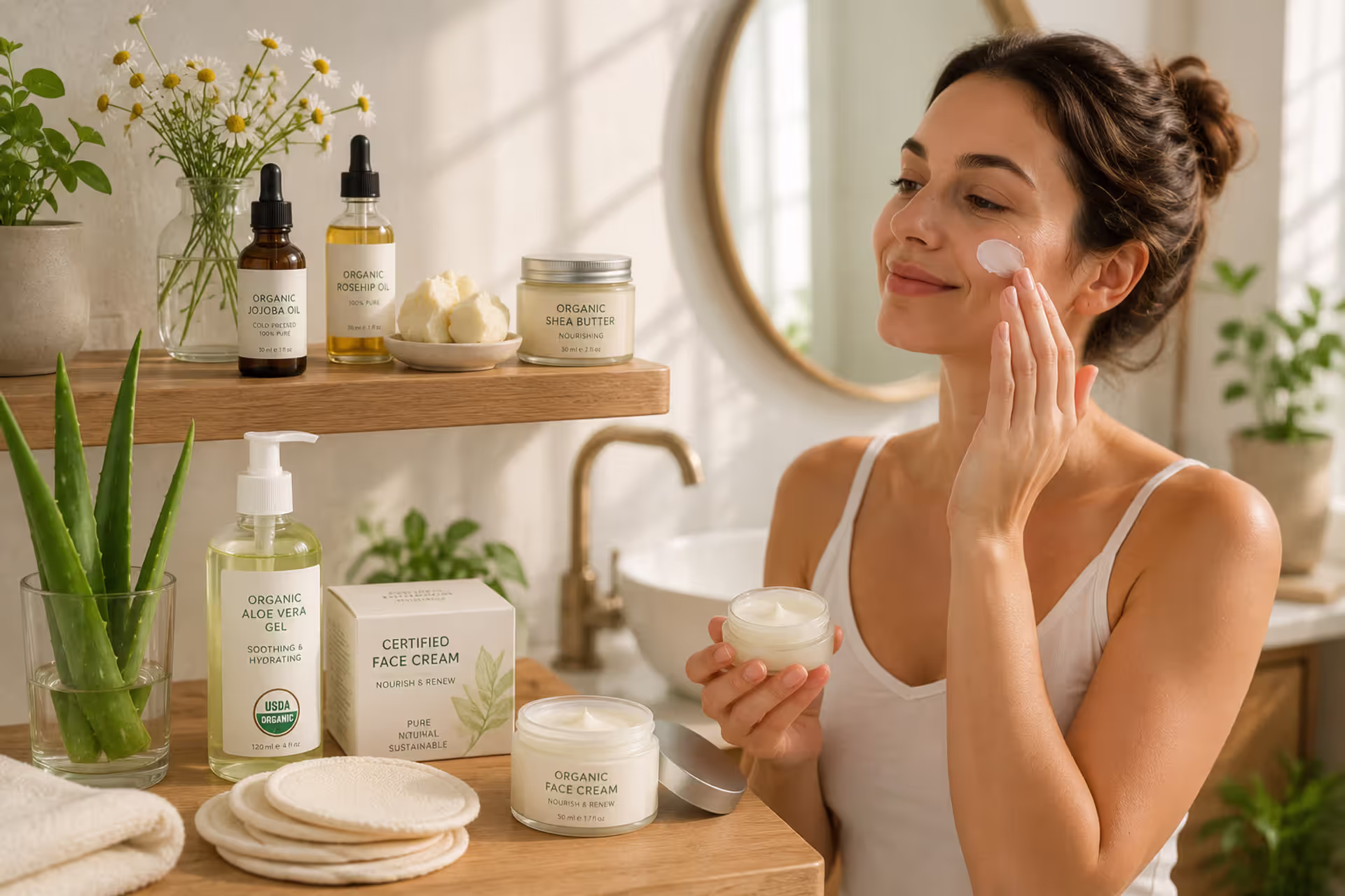 Woman applying organic skincare products with botanical ingredients in a bright bathroom