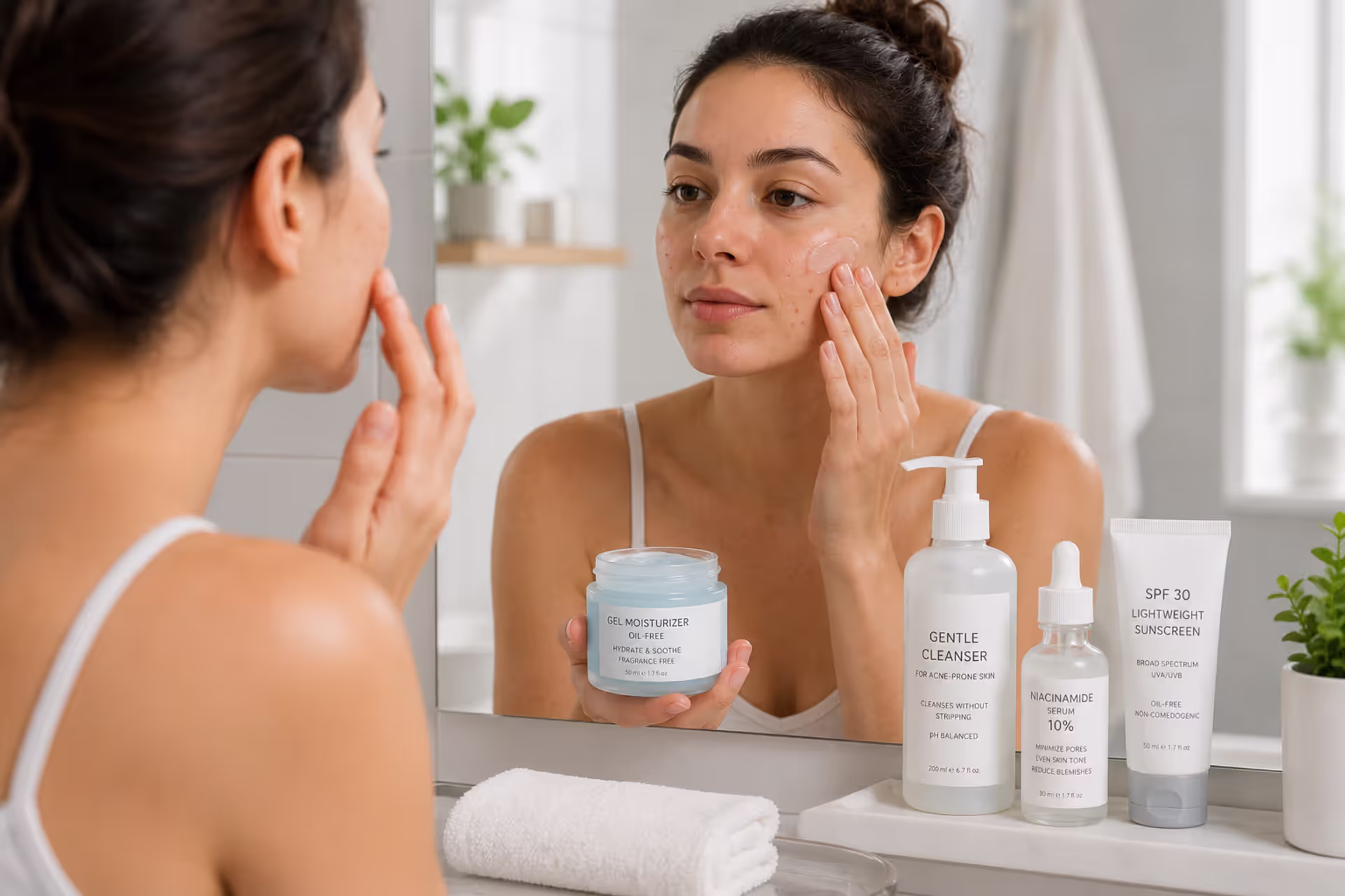 Person applying lightweight moisturizer to acne-prone skin in a bright bathroom