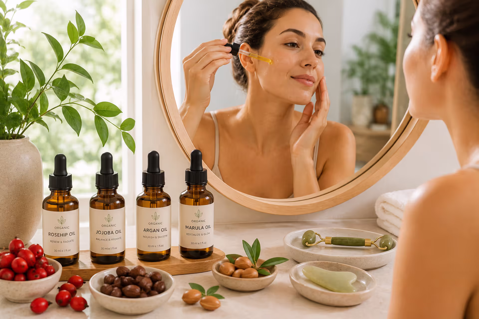 Woman applying organic face oil with botanical ingredients during a skincare routine
