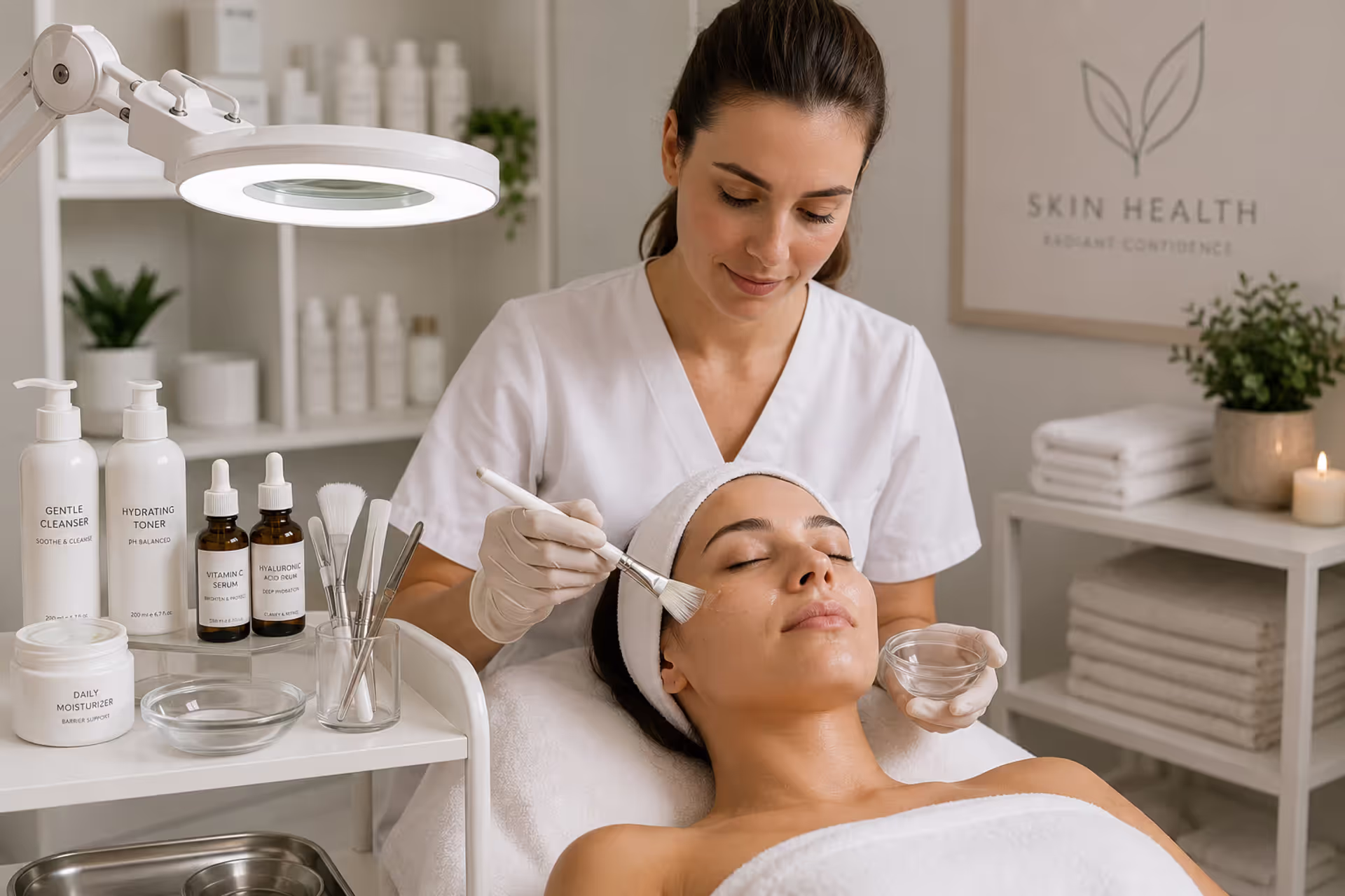 Licensed esthetician performing a professional facial treatment in a skincare clinic