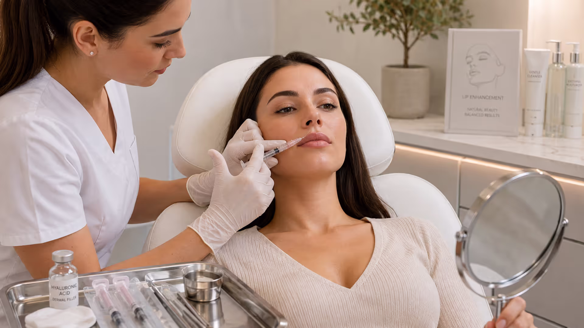 Cosmetic injector performing hyaluronic acid lip filler treatment in an aesthetic clinic